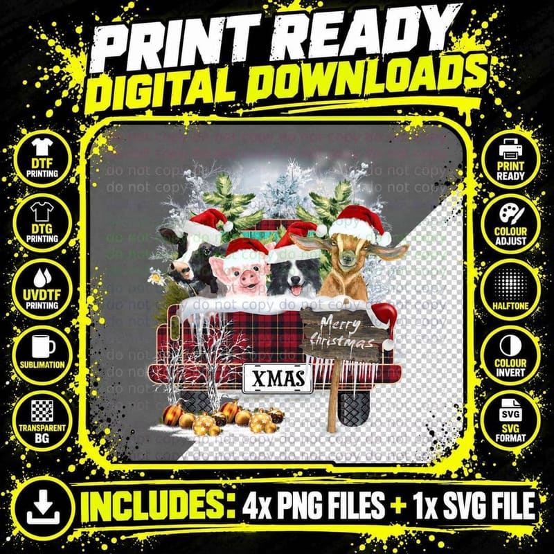 Merry Christmas Buffalo Plaid Cows Pig Collie Dog Goat Png SVG Digital Bundle