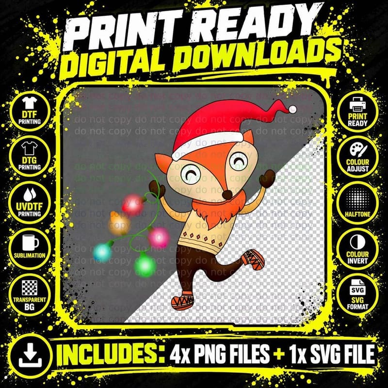 Merry Christmas Fox & Lights T-Shirt Png SVG Digital Bundle