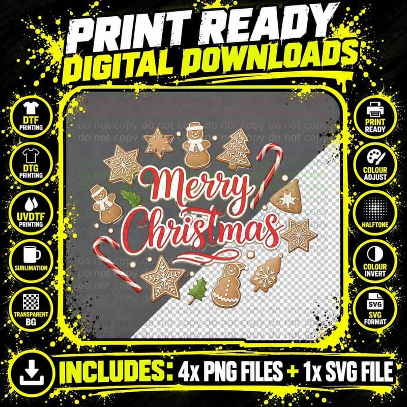 Merry Christmas Red Script with Gingerbread Cookies Png SVG Digital Bundle