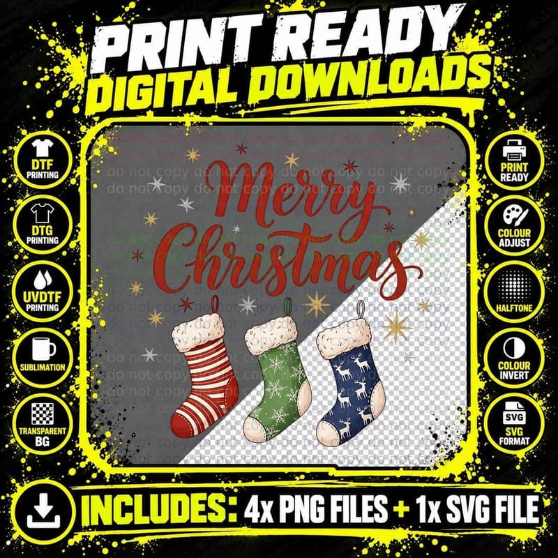 Merry Christmas Red Script with Three Stockings and Png SVG Digital Bundle