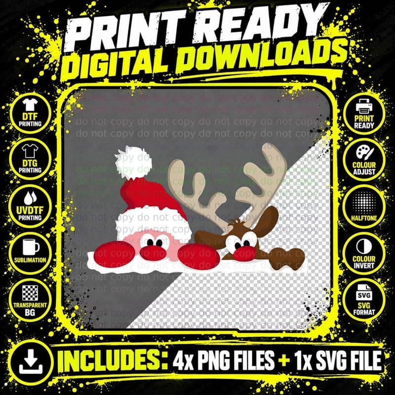 Merry Christmas Santa & Reindeer T-Shirt Png SVG Digital Bundle