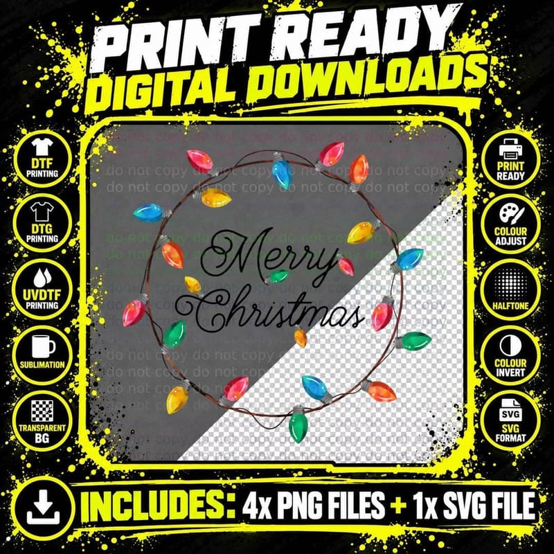 Merry Christmas Wreath of Retro Christmas Lights Png SVG Digital Bundle