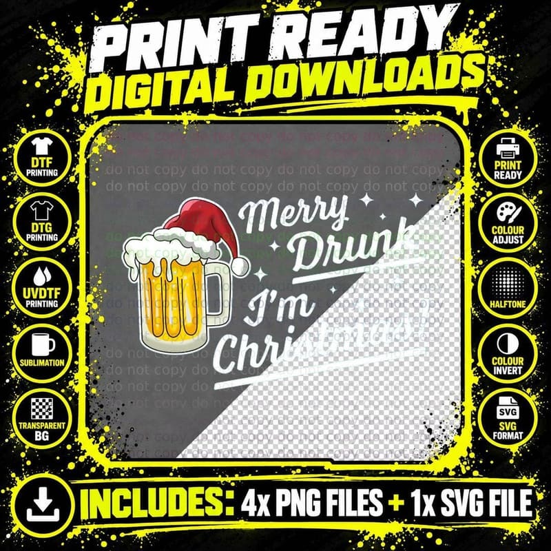 Merry Drunk I'm Christmas Funny Beer Drinker Santa Hat Png SVG Digital Bundle