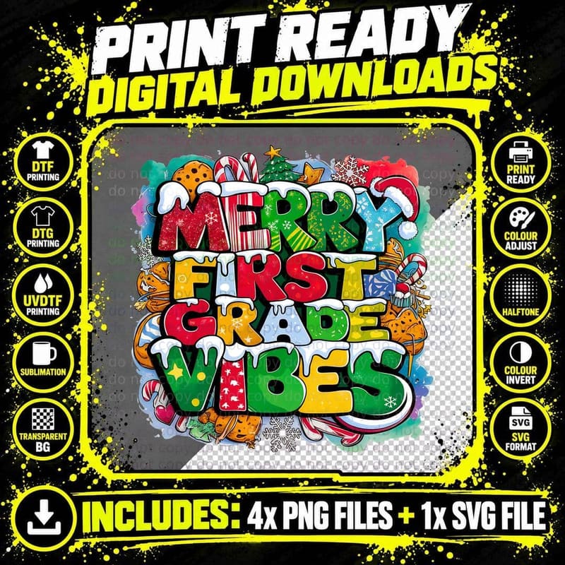 Merry First Grade Vibes Teacher Christmas School Holiday Png SVG Digital Bundle