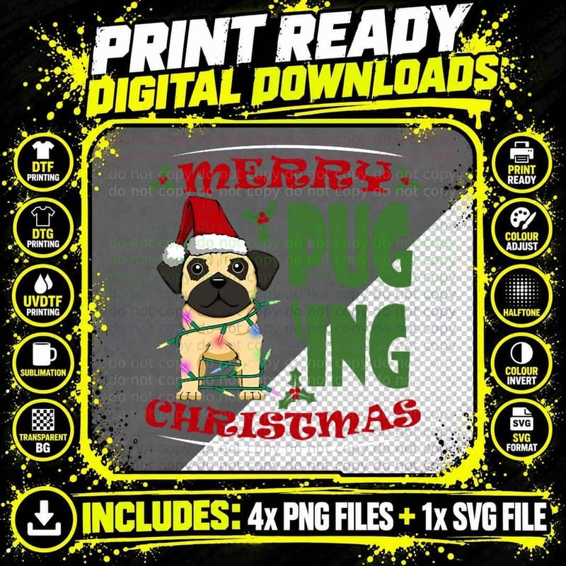 Merry Puging Christmas Cute Pug Dog Crewneck Sweatshirt Png SVG Digital Bundle