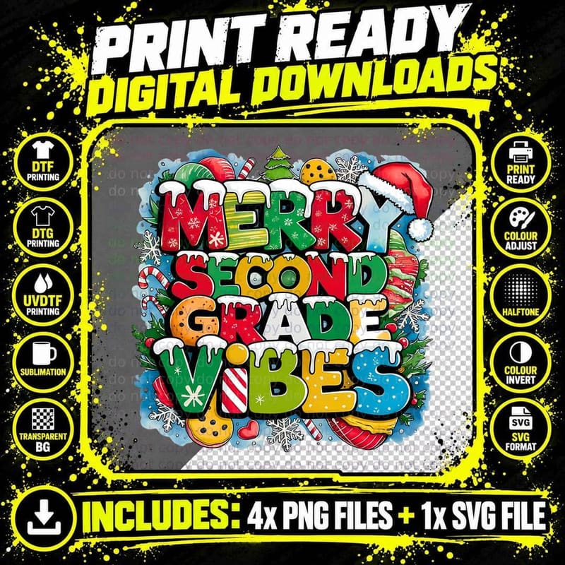 Merry Second Grade Vibes Teacher Christmas Holiday Png SVG Digital Bundle