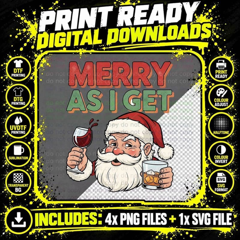 Merry as I Get Drinking Santa Wine Whiskey Funny Png SVG Digital Bundle