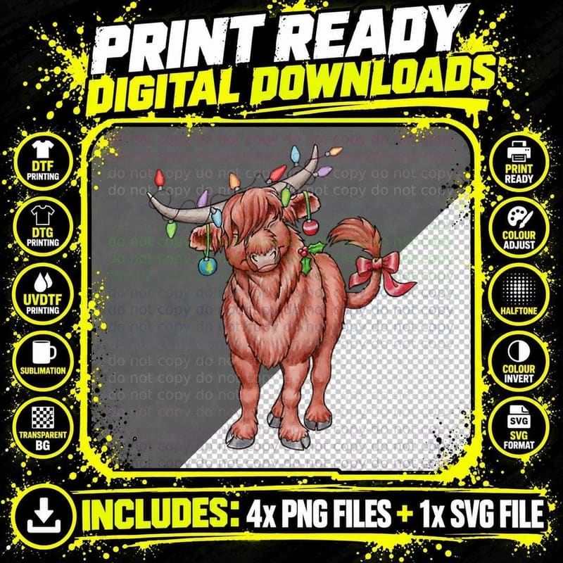 Mooey Christmas! Christmas Highland Cow T-Shirt Png SVG Digital Bundle