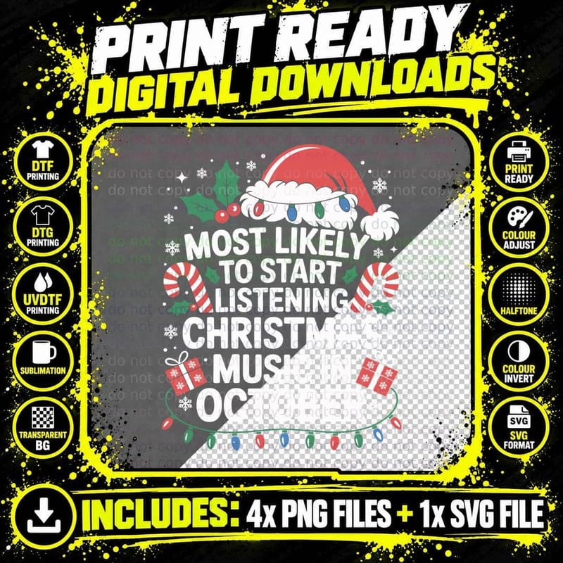 Most Likely to Start Listening Christmas Music in Png SVG Digital Bundle