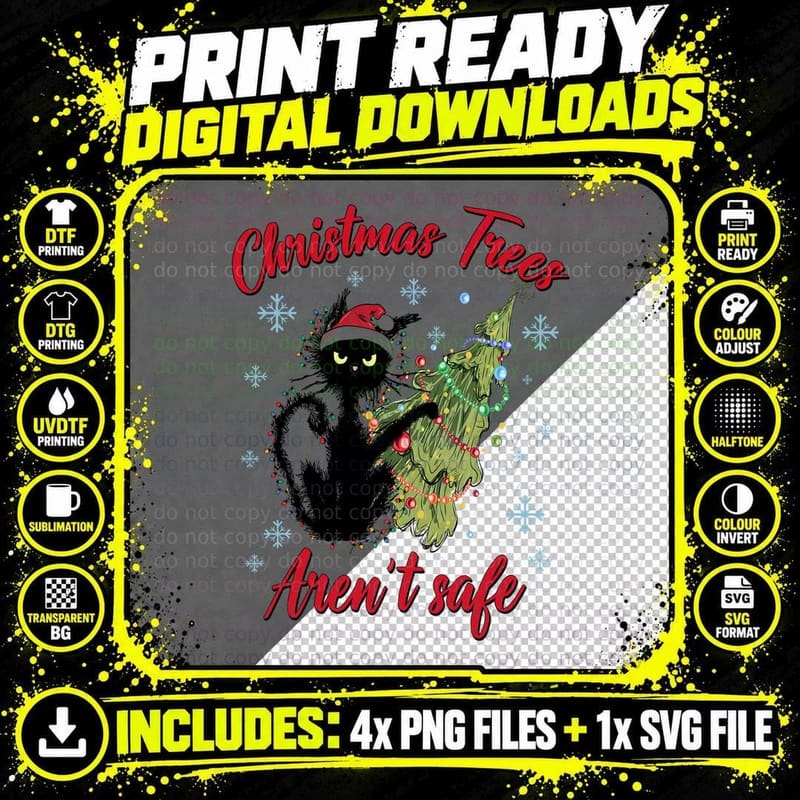Naughty Black Cat Christmas Tree Chaos Cute Holiday Gift Png SVG Digital Bundle