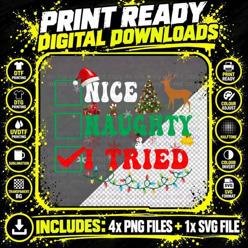 Nice Naughty I Tried Christmas Family Matching T-Shirt Png SVG Digital Bundle