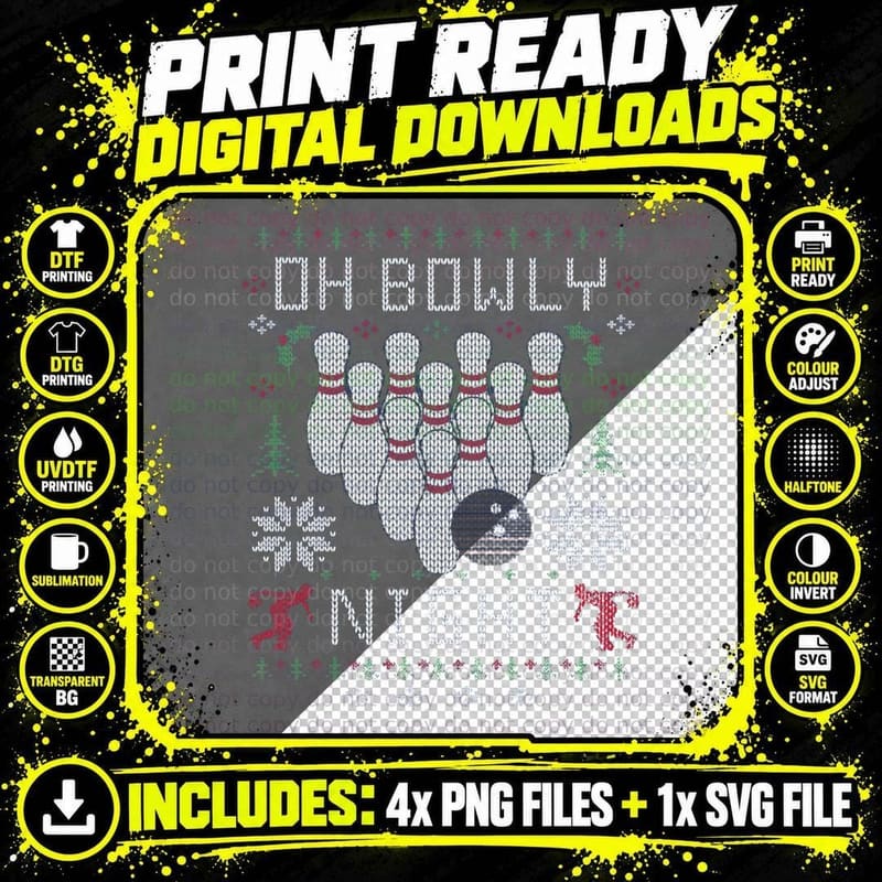 Oh Bowly Night Bowling Ugly Christmas Sweater T-Shirt Png SVG Digital Bundle