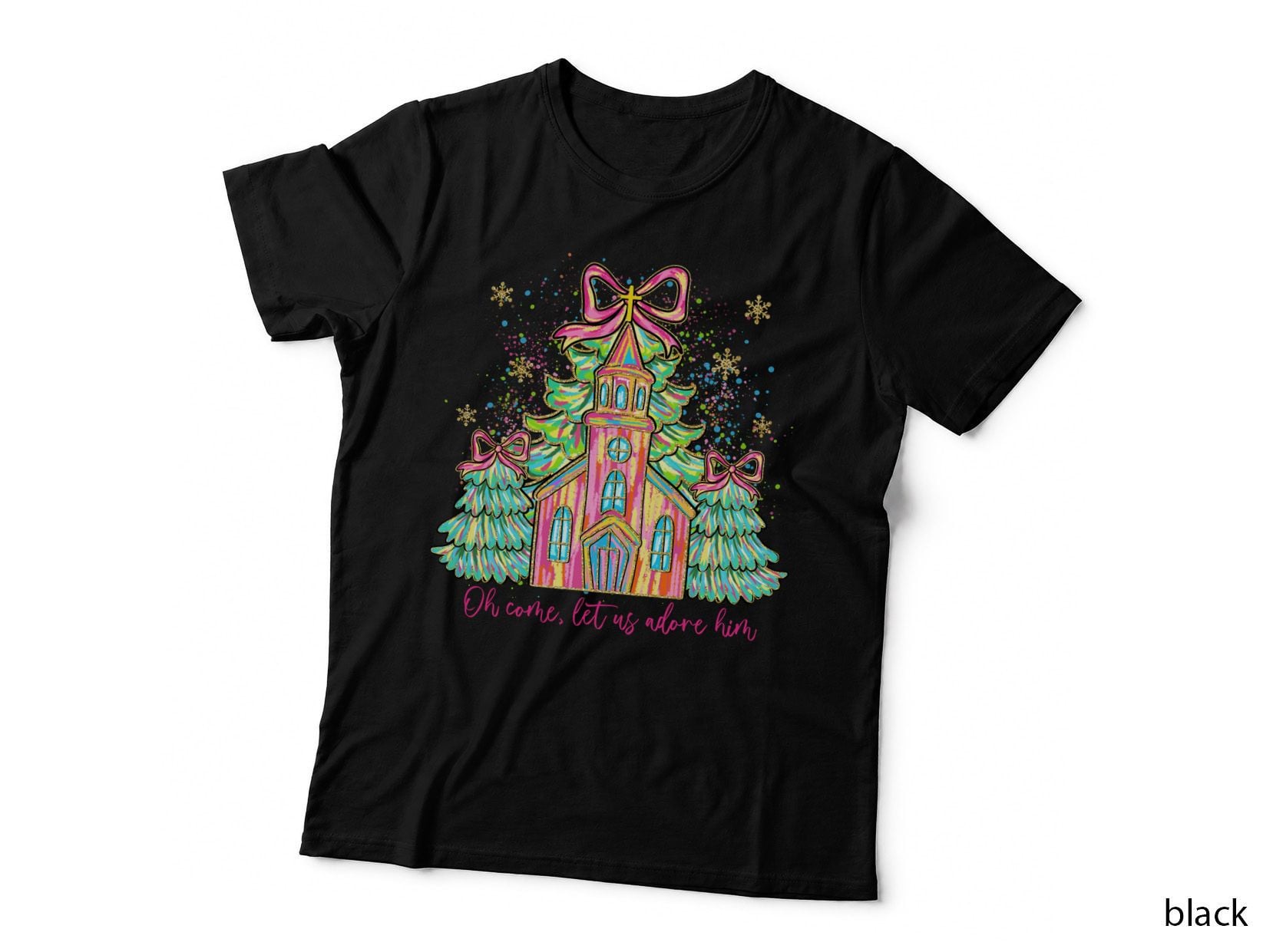 Oh Come Let Us Adore Him Church Christmas Trees Preppy Glitter T-Shirt
