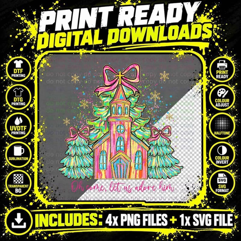 Oh Come Let Us Adore Him Church Christmas Trees Preppy Png SVG Digital Bundle