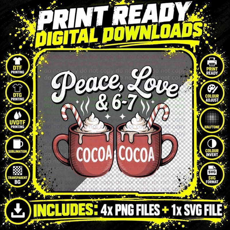 Peace Love and 6 7 Six Seven Meme Christmas Hot Png SVG Digital Bundle