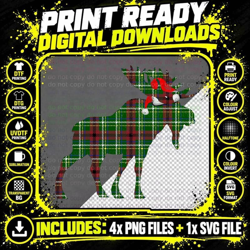 Plaid Moose Santa Hat - Christmas Pajama Pullover Hoodie Png SVG Digital Bundle
