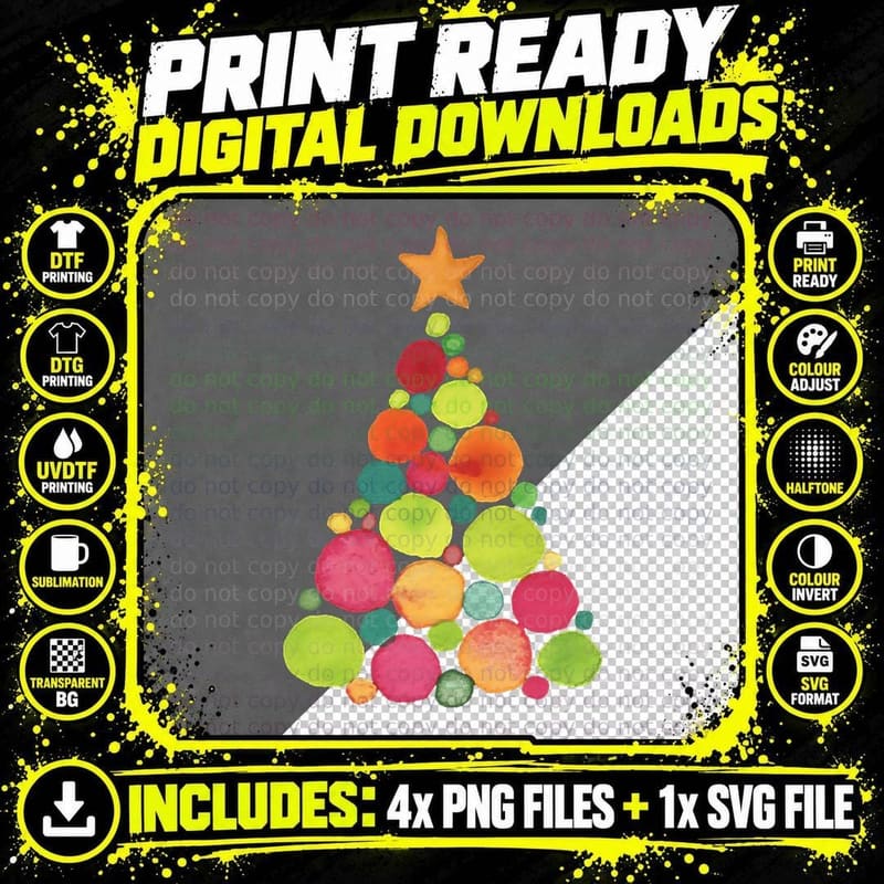 Pretty Painted Watercolor Holiday Christmas Tree Png SVG Digital Bundle