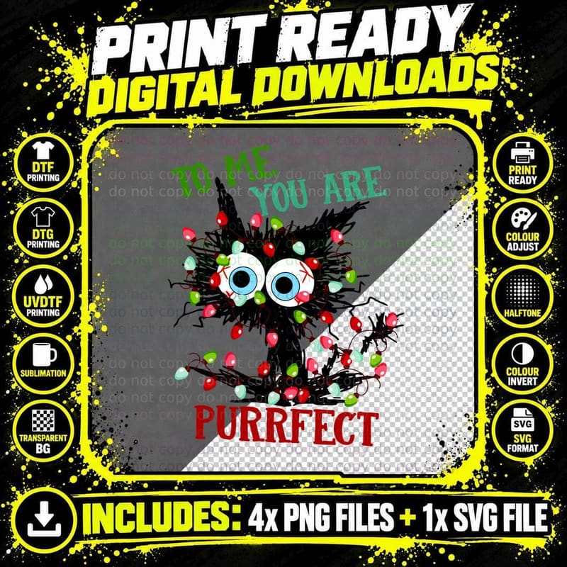 Purrfect Cat Christmas Lights Cute Love Quote Funny Png SVG Digital Bundle