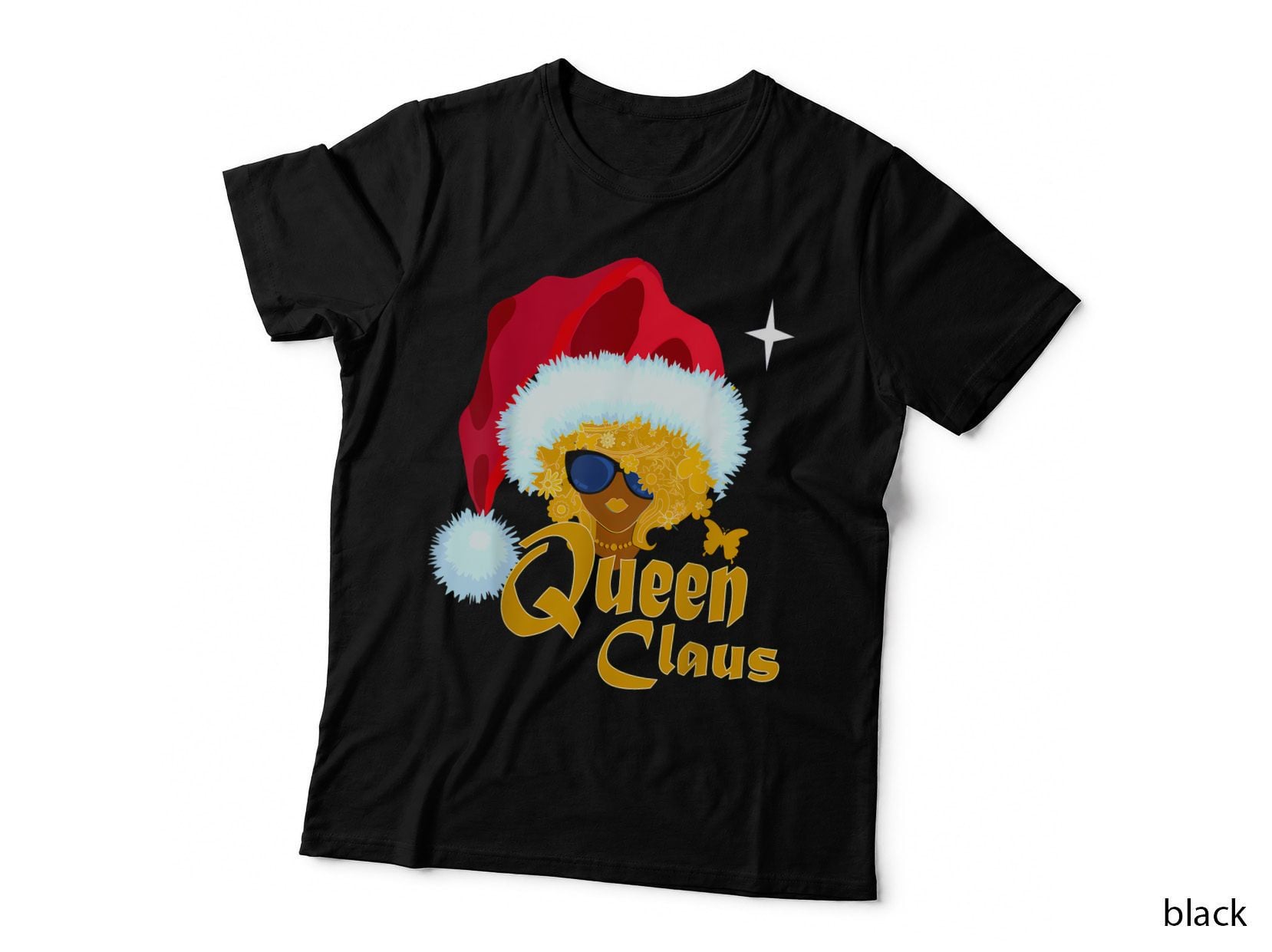 Queen Claus Christmas Black Woman Santa Hat Sunglasses T-Shirt
