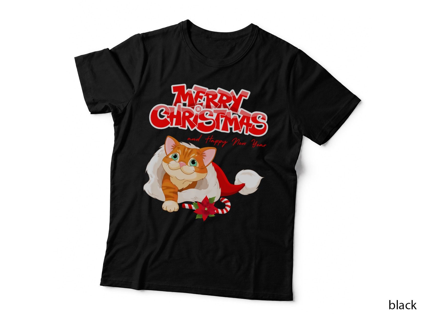 Red Cute Cartoon Cat with Candy Cane Christmas Crewneck Sweatshirt T-Shirt