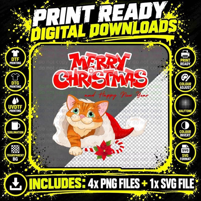 Red Cute Cartoon Cat with Candy Cane Christmas Crewneck Png SVG Digital Bundle