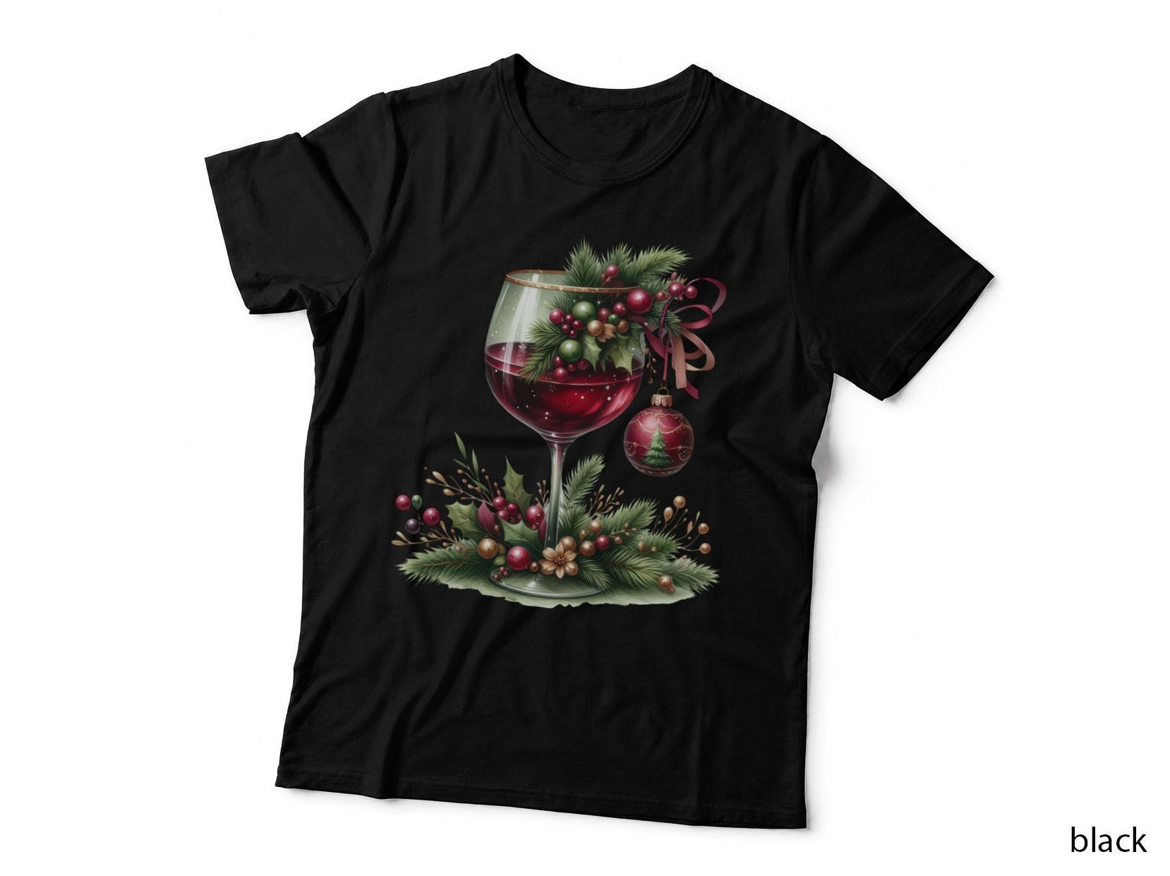 Red Wine Glass with Christmas Wreath and Ornament Holiday Drink T-Shirt