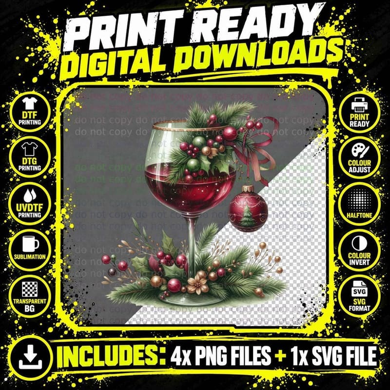 Red Wine Glass with Christmas Wreath and Ornament Png SVG Digital Bundle