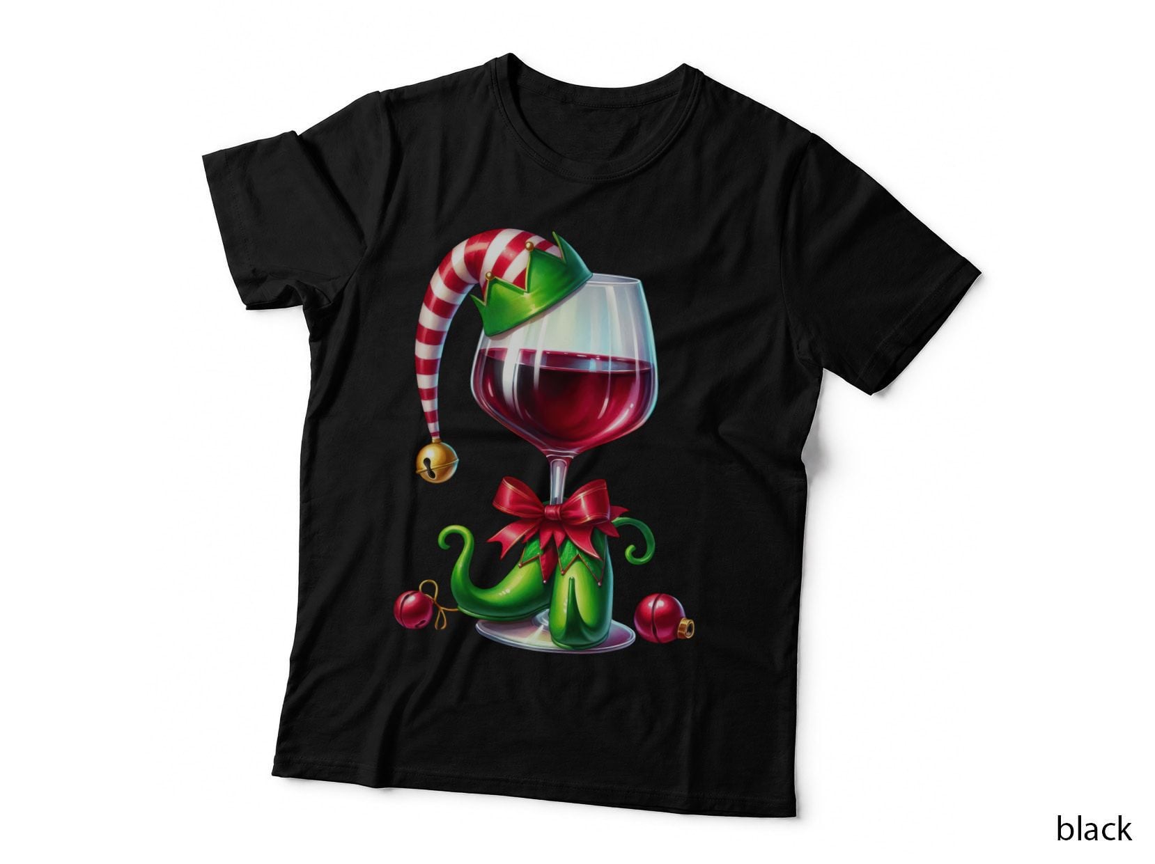 Red Wine Glass with Elf Hat and Shoes Funny Christmas Drink T-Shirt