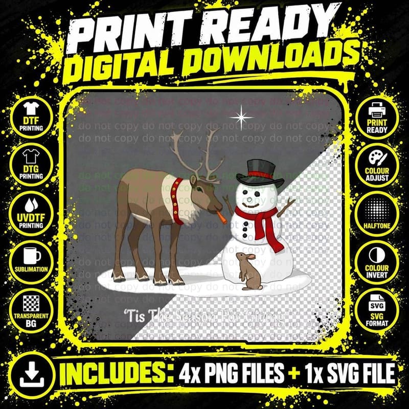 Reindeer Sharing Snowman Carrot Nose with Rabbit Png SVG Digital Bundle