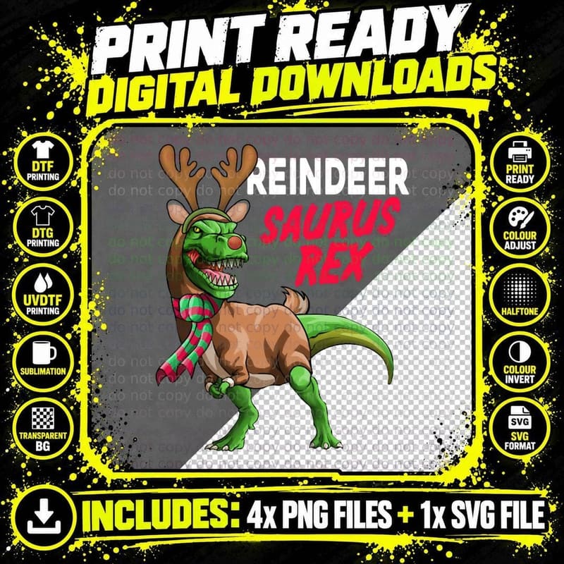 Reindeersaurus T-Rex Reindeer Dinosaur Christmas Costume Png SVG Digital Bundle