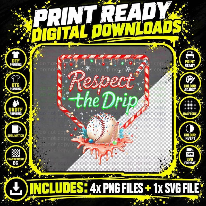 Respect the Drip Christmas Baseball Candy Cane Home Png SVG Digital Bundle