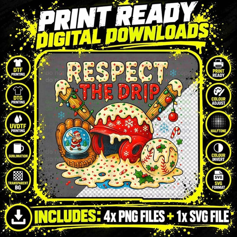 Respect the Drip Christmas Baseball Player Snowglobe Png SVG Digital Bundle
