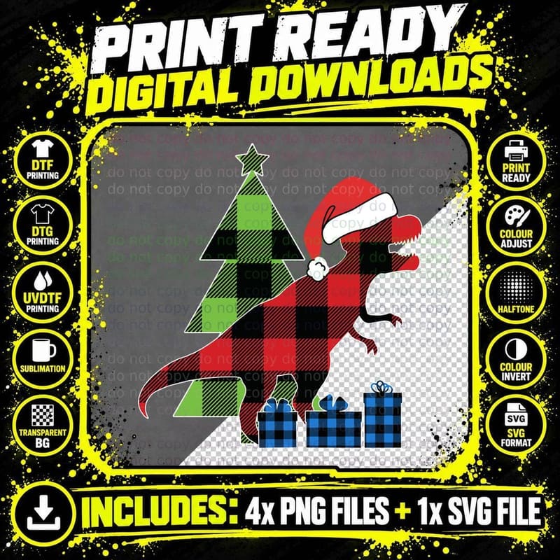 Roar Trex Christmas Red Plaid Christmas for Boys Png SVG Digital Bundle