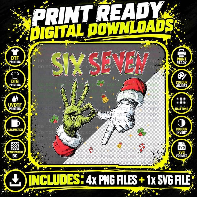SIX SEVEN Green Hand and Santa Hand O.k. Sign Funny Png SVG Digital Bundle