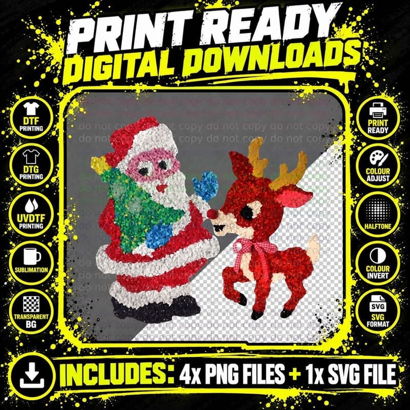 Santa & Rudolph 70s Melted Plastic Popcorn T-Shirt Png SVG Digital Bundle