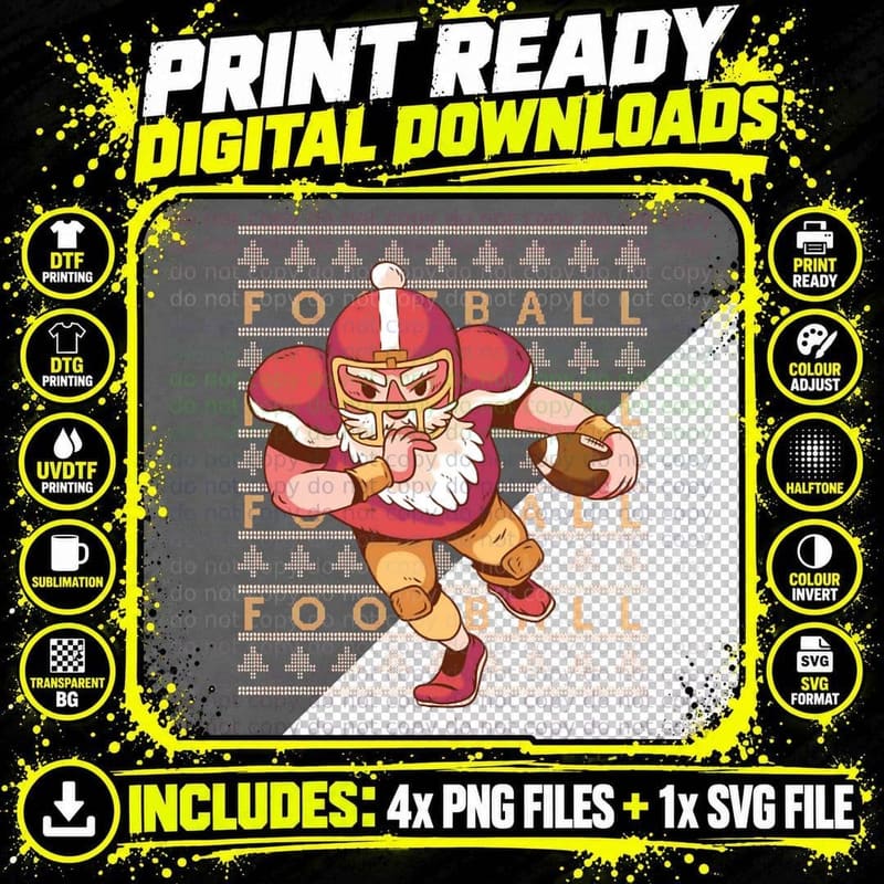 Santa Football Ugly Christmas Sweater Crewneck Png SVG Digital Bundle