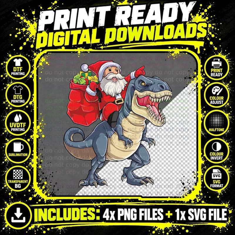 Santa Riding Dinosaur T Rex T Shirt Christmas Gifts Png SVG Digital Bundle
