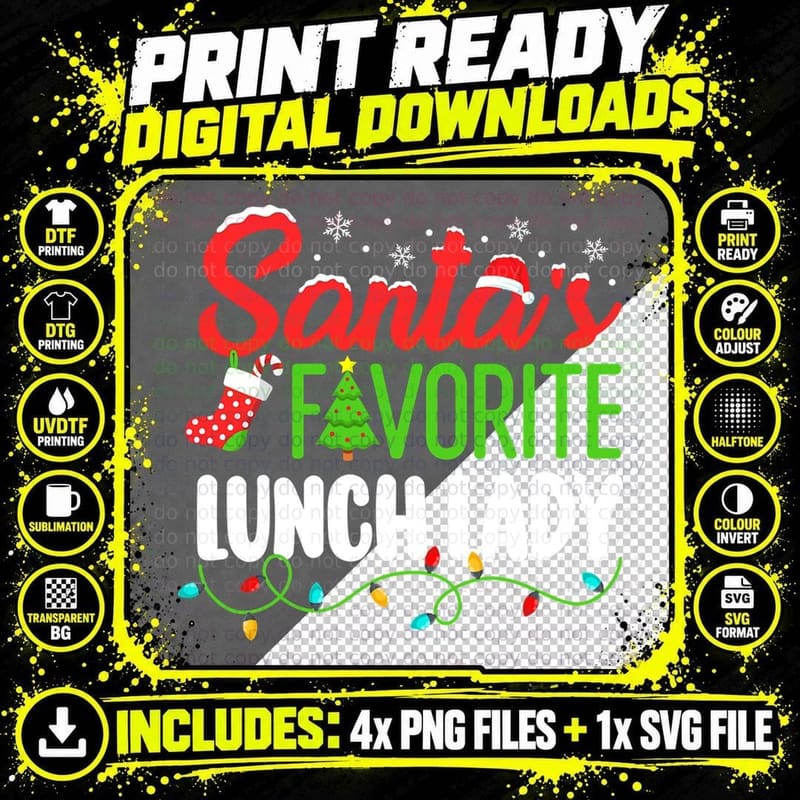 Santa's Favorite Lunch Lady Christmas School Elf Women Png SVG Digital Bundle