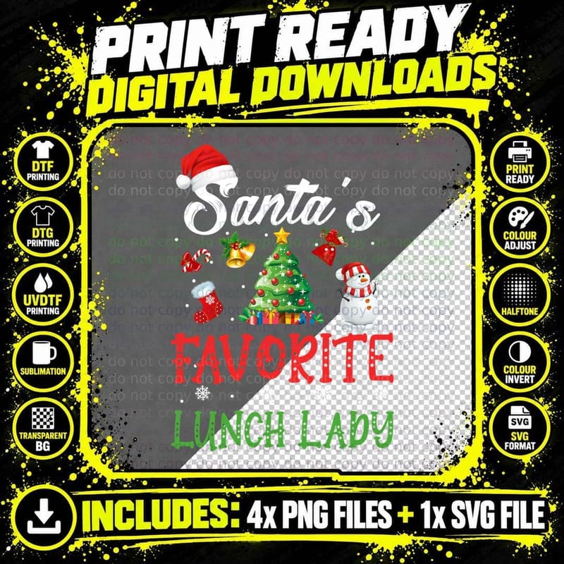 Santa's Favorite Lunch Lady Funny Christmas Tree Santa Png SVG Digital Bundle