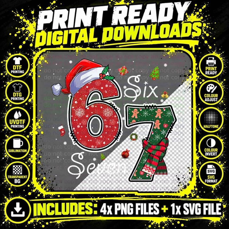 Six Seven Christmas 67 Meme Funny 6 7 Xmas Lights Gift Png SVG Digital Bundle