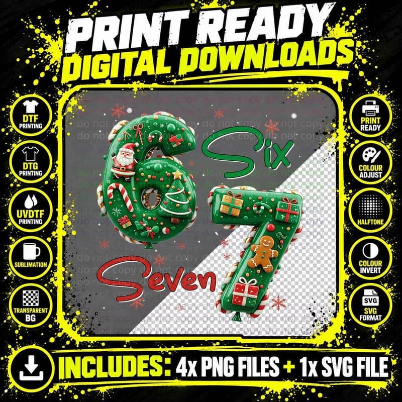Six Seven Christmas 67 Meme Funny 6 7 Xmas Lights T-Shirt Png SVG Digital Bundle