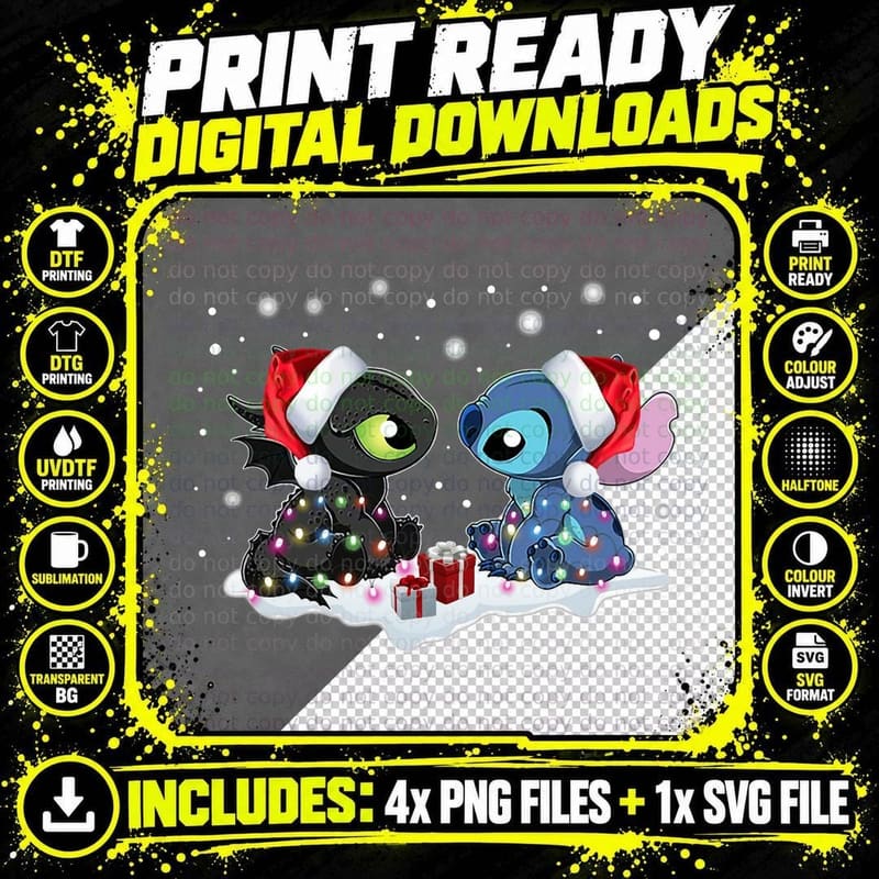 Stitch and Toothless Santa Christmas Dad Shirt Png SVG Digital Bundle