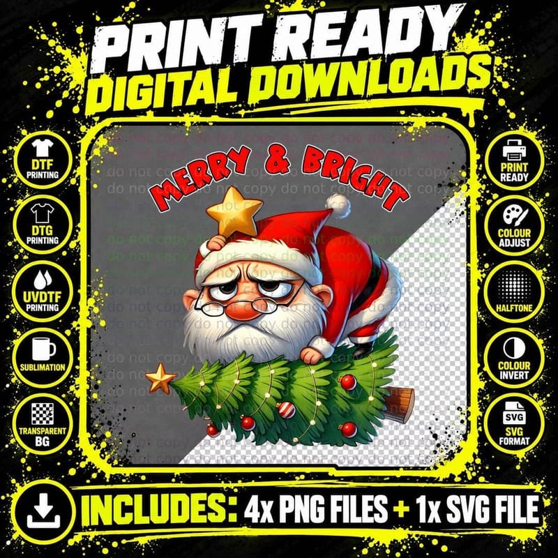Stressed Santa on Christmas Tree Merry & Bright Funny Png SVG Digital Bundle