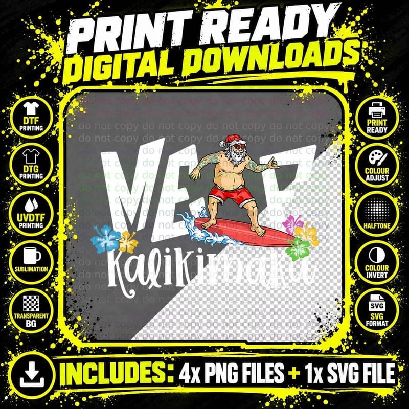 Surfing Santa Mele Kalikimaka Christmas in Hawaii Surf Png SVG Digital Bundle