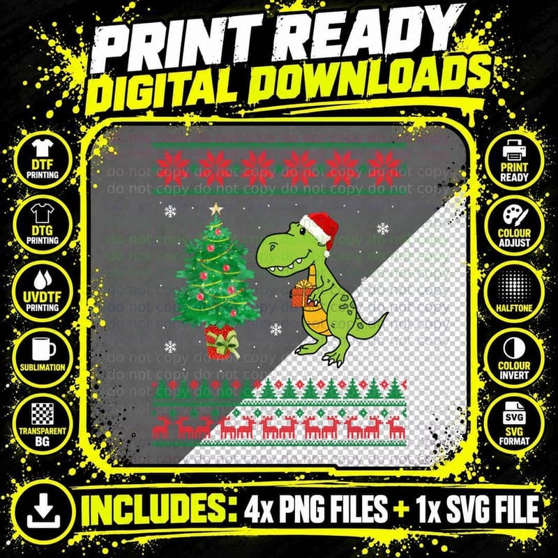 T-Rex Merry Xmas Ugly Christmas Crewneck Sweatshirt Png SVG Digital Bundle