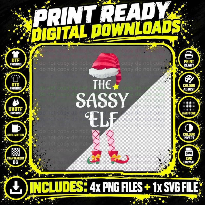 The Sassy Elf Christmas Matching Pajama Family Party Png SVG Digital Bundle