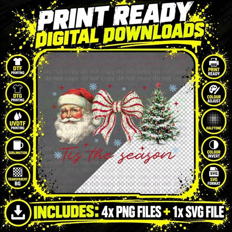 Tis the Season Vintage Santa Christmas Tree Holiday Bow Png SVG Digital Bundle
