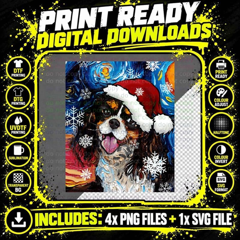 Tri Color Cavalier King Charles Spaniel Santa T-Shirt Png SVG Digital Bundle