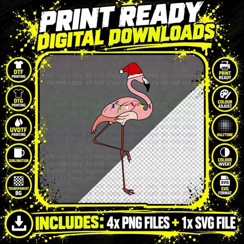 Tropical Christmas Lights Santa Pink Flamingo Crewneck Png SVG Digital Bundle
