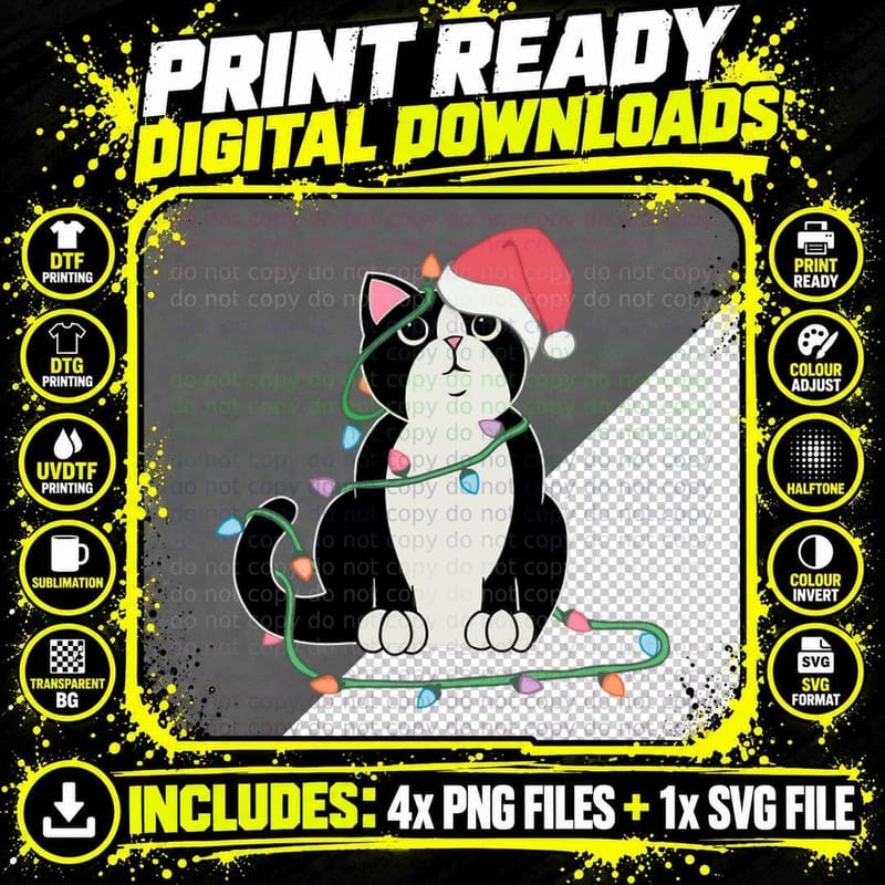Tuxedo Cat Christmas Lights Funny Cat Lover Xmas Hat Png SVG Digital Bundle